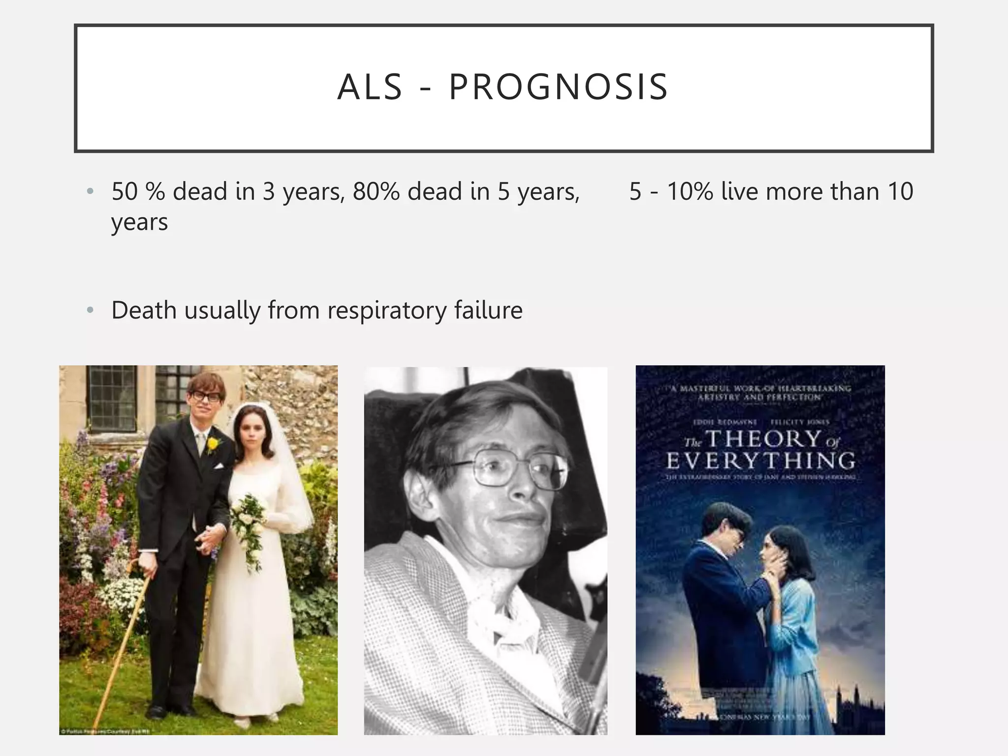 ALS - PROGNOSIS
• 50 % dead in 3 years, 80% dead in 5 years, 5 - 10% live more than 10
years
• Death usually from respiratory failure
 