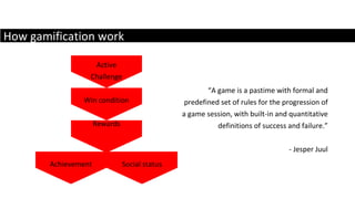 How gamification work Active Challenge Win condition Rewards “ A game is a pastime with formal and predefined set of rules for the progression of a game session, with built-in and quantitative definitions of success and failure.” - Jesper Juul Achievement Social status 