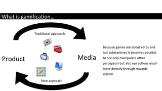 What is gamification… Product New approach Traditional approach Media Because games are about verbs and not substantives it becomes possible to not only manipulate other perception but also our actions much more directly through rewards system. 