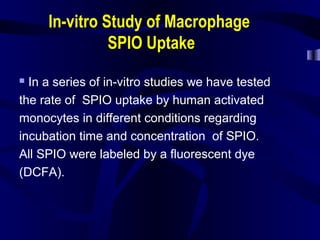 In-vitro Study of Macrophage
SPIO Uptake
 In a series of in-vitro studies we have tested
the rate of SPIO uptake by human activated
monocytes in different conditions regarding
incubation time and concentration of SPIO.
All SPIO were labeled by a fluorescent dye
(DCFA).
 