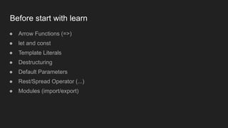 Before start with learn
● Arrow Functions (=>)
● let and const
● Template Literals
● Destructuring
● Default Parameters
● Rest/Spread Operator (...)
● Modules (import/export)
 