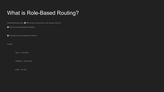 What is Role-Based Routing?
Role-Based Routing means: ✅ Different types of users (Admin, User, Manager, Guest, etc.)
✅ Each role can access specific routes/pages
✅ Unauthorized users are restricted or redirected
Example:
/admin → Only Admins
/dashboard → Admin & User
/profile → All users
 