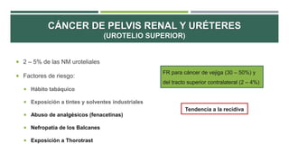 CÁNCER DE PELVIS RENAL Y URÉTERES 
(UROTELIO SUPERIOR) 
 2 – 5% de las NM uroteliales 
 Factores de riesgo: 
 Hábito tabáquico 
 Exposición a tintes y solventes industriales 
 Abuso de analgésicos (fenacetinas) 
 Nefropatía de los Balcanes 
 Exposición a Thorotrast 
FR para cáncer de vejiga (30 – 50%) y 
del tracto superior contralateral (2 – 4%) 
Tendencia a la recidiva 
 