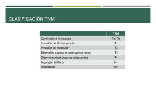 CLASIFICACIÓN TNM 
TNM 
Confinado a la mucosa Ta, Tis 
Invasión de lámina propia T1 
Invasión de muscular T2 
Extensión a grasa o parénquima renal T3 
Diseminación a órganos adyacentes T4 
A ganglio linfático N+ 
Metástasis M+ 
 