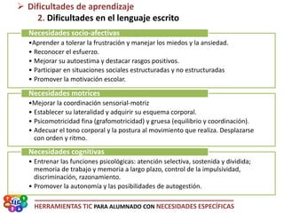 HERRAMIENTAS TIC PARA ALUMNADO CON NECESIDADES ESPECÍFICAS
•Aprender a tolerar la frustración y manejar los miedos y la ansiedad.
• Reconocer el esfuerzo.
• Mejorar su autoestima y destacar rasgos positivos.
• Participar en situaciones sociales estructuradas y no estructuradas
• Promover la motivación escolar.
Necesidades socio-afectivas
•Mejorar la coordinación sensorial-motriz
• Establecer su lateralidad y adquirir su esquema corporal.
• Psicomotricidad fina (grafomotricidad) y gruesa (equilibrio y coordinación).
• Adecuar el tono corporal y la postura al movimiento que realiza. Desplazarse
con orden y ritmo.
Necesidades motrices
• Entrenar las funciones psicológicas: atención selectiva, sostenida y dividida;
memoria de trabajo y memoria a largo plazo, control de la impulsividad,
discriminación, razonamiento.
• Promover la autonomía y las posibilidades de autogestión.
Necesidades cognitivas
 Dificultades de aprendizaje
2. Dificultades en el lenguaje escrito
 