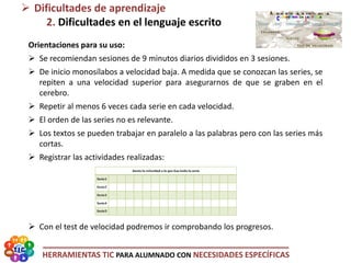 HERRAMIENTAS TIC PARA ALUMNADO CON NECESIDADES ESPECÍFICAS
Orientaciones para su uso:
 Se recomiendan sesiones de 9 minutos diarios divididos en 3 sesiones.
 De inicio monosílabos a velocidad baja. A medida que se conozcan las series, se
repiten a una velocidad superior para asegurarnos de que se graben en el
cerebro.
 Repetir al menos 6 veces cada serie en cada velocidad.
 El orden de las series no es relevante.
 Los textos se pueden trabajar en paralelo a las palabras pero con las series más
cortas.
 Registrar las actividades realizadas:
 Con el test de velocidad podremos ir comprobando los progresos.
 Dificultades de aprendizaje
2. Dificultades en el lenguaje escrito
 