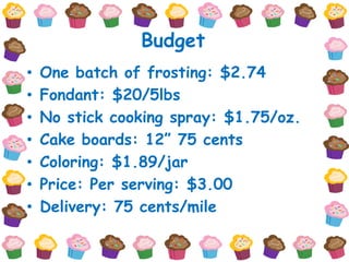 Budget
•   One batch of frosting: $2.74
•   Fondant: $20/5lbs
•   No stick cooking spray: $1.75/oz.
•   Cake boards: 12” 75 cents
•   Coloring: $1.89/jar
•   Price: Per serving: $3.00
•   Delivery: 75 cents/mile
 