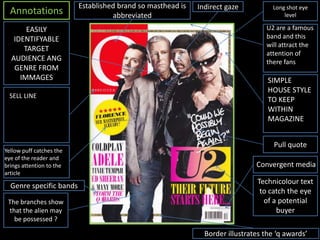 Established brand so masthead is   Indirect gaze           Long shot eye
  Annotations                       abbreviated                                          level

       EASILY                                                                     U2 are a famous
   IDENTIFYABLE                                                                   band and this
                                                                                  will attract the
      TARGET
                                                                                  attention of
  AUDIENCE ANG                                                                    there fans
   GENRE FROM
     IMMAGES                                                                       SIMPLE
                                                                                   HOUSE STYLE
 SELL LINE
                                                                                   TO KEEP
                                                                                   WITHIN
                                                                                   MAGAZINE


                                                                                     Pull quote
Yellow puff catches the
eye of the reader and
brings attention to the                                                        Convergent media
article
                                                                                Technicolour text
  Genre specific bands
                                                                                 to catch the eye
 The branches show                                                                of a potential
 that the alien may                                                                   buyer
   be possessed ?

                                                               Border illustrates the ‘q awards’
 