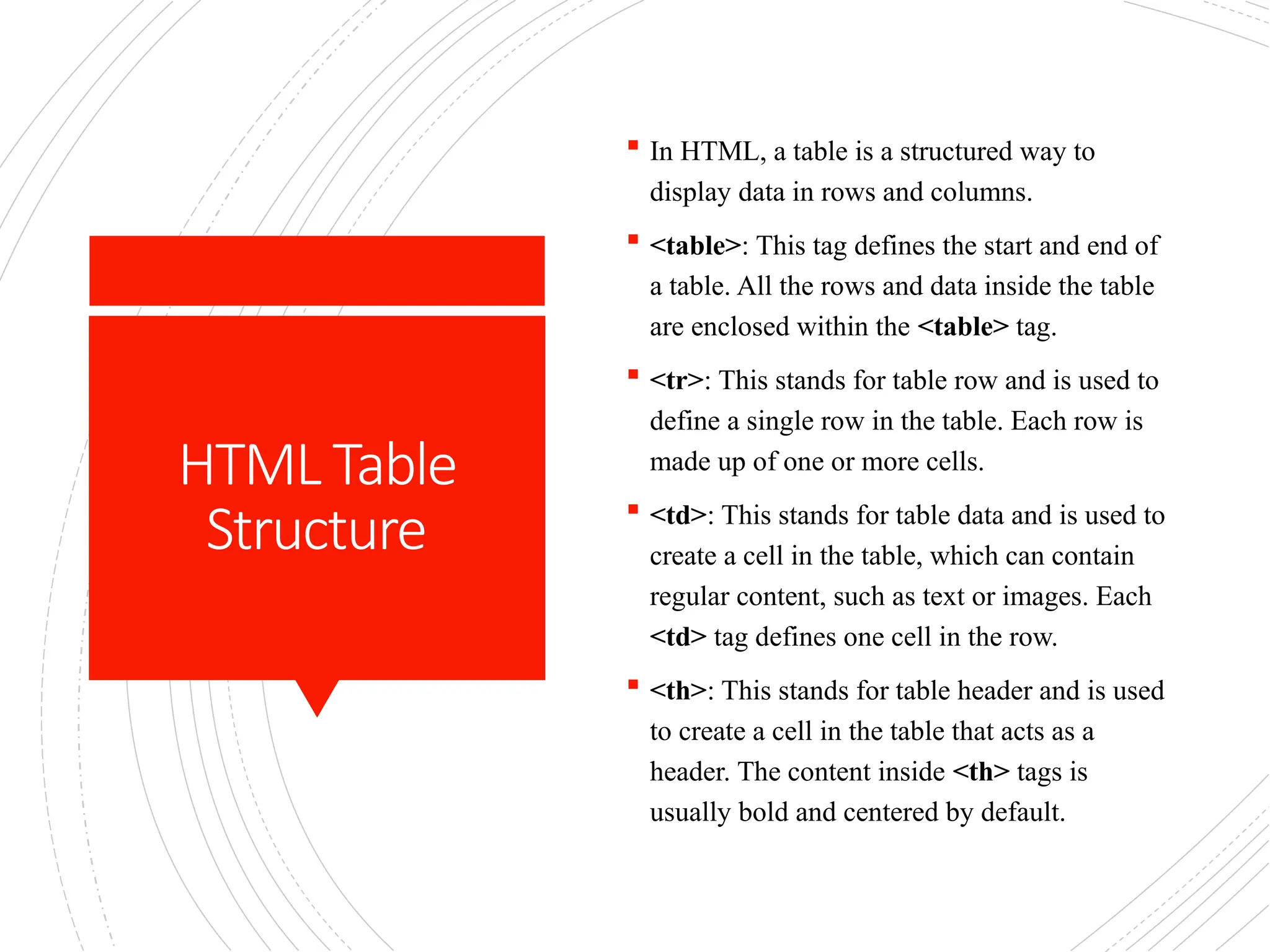 HTML Table
Structure
 In HTML, a table is a structured way to
display data in rows and columns.
 <table>: This tag defines the start and end of
a table. All the rows and data inside the table
are enclosed within the <table> tag.
 <tr>: This stands for table row and is used to
define a single row in the table. Each row is
made up of one or more cells.
 <td>: This stands for table data and is used to
create a cell in the table, which can contain
regular content, such as text or images. Each
<td> tag defines one cell in the row.
 <th>: This stands for table header and is used
to create a cell in the table that acts as a
header. The content inside <th> tags is
usually bold and centered by default.
 