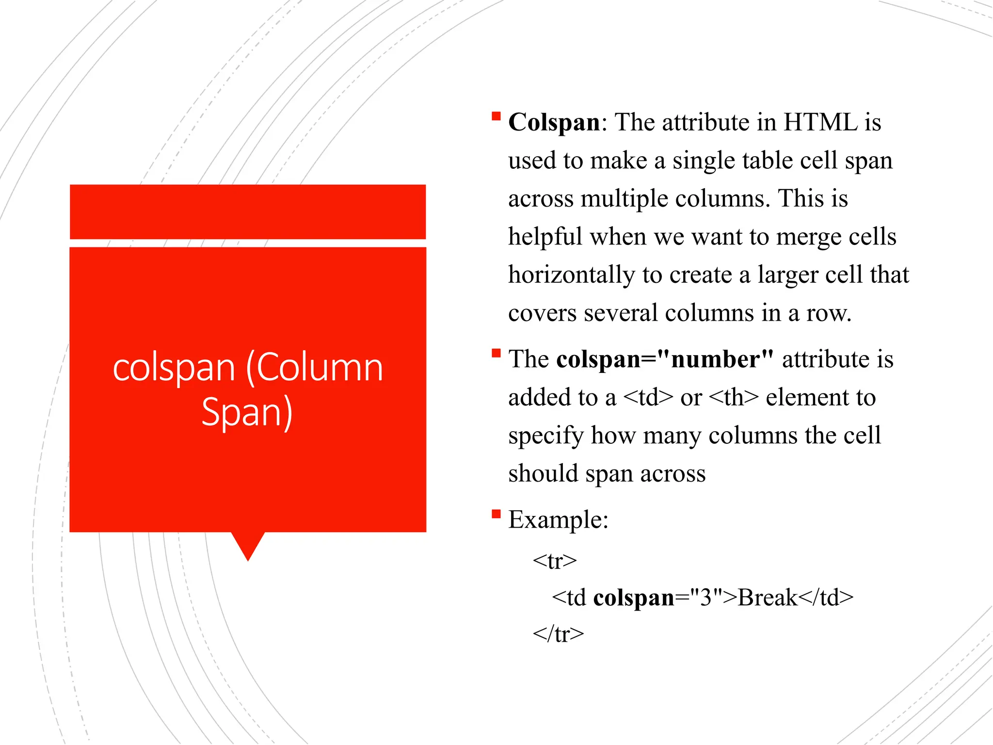 colspan (Column
Span)
 Colspan: The attribute in HTML is
used to make a single table cell span
across multiple columns. This is
helpful when we want to merge cells
horizontally to create a larger cell that
covers several columns in a row.
 The colspan="number" attribute is
added to a <td> or <th> element to
specify how many columns the cell
should span across
 Example:
<tr>
<td colspan="3">Break</td>
</tr>
 