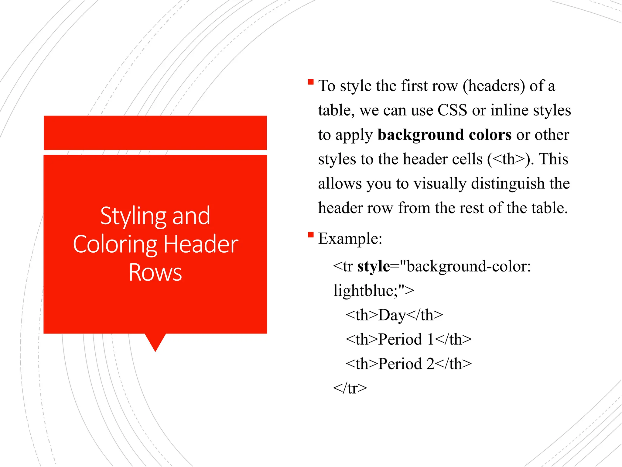 Styling and
Coloring Header
Rows
 To style the first row (headers) of a
table, we can use CSS or inline styles
to apply background colors or other
styles to the header cells (<th>). This
allows you to visually distinguish the
header row from the rest of the table.
 Example:
<tr style="background-color:
lightblue;">
<th>Day</th>
<th>Period 1</th>
<th>Period 2</th>
</tr>
 