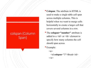colspan (Column
Span)
 Colspan: The attribute in HTML is
used to make a single table cell span
across multiple columns. This is
helpful when we want to merge cells
horizontally to create a larger cell that
covers several columns in a row.
 The colspan="number" attribute is
added to a <td> or <th> element to
specify how many columns the cell
should span across
 Example:
<tr>
<td colspan="3">Break</td>
</tr>
 