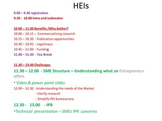 HEIs
9.00 – 9.30 registration
9.30 - 10.00 Intro and icebreaker

10.00 – 11.00 Benefits /Why bother?
10.00 – 10.15 – Commercializing research
10.15 – 10.30 - Publication opportunities
10.30 – 10.45 - Legitimacy
10.45 – 11.00 - Funding
11.00 – 11.30 - Tea Break

11.30 – 13.00 Challenges
11.30 – 12.00 - SME Structure – Understanding what an Entrepreneur
offers
• Video & power point slides
12.00 – 12.30 -Understanding the needs of the Market
              - Clarify research
              - Simplify HEI bureaucracy
12.30 - 13.00 - IPR
•Technical presentation – SMEs IPR concerns
 