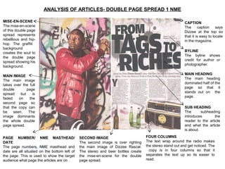 ANALYSIS OF ARTICLES- DOUBLE PAGE SPREAD 1 NME

MISE-EN-SCENE                                                                                             CAPTION
The mise-en-scene                                                                                         The       caption    says
of this double page                                                                                       Dizzee at the top so
spread represents                                                                                         that it is easy to locate
rebellious and hip-                                                                                       in the magazine.
hop. The graffiti
background
                                                                                                          BYLINE
creates the soul to
                                                                                                          The byline shows
the double page
                                                                                                          credit for author or
spread showing his
                                                                                                          photographer.
background.

                                                                                                          MAIN HEADING
MAIN IMAGE
                                                                                                          The main heading
The main image
                                                                                                          dominated half of the
takes over the full
                                                                                                          page so that it
double        page
                                                                                                          stands out on the
spread    but     is
                                                                                                          page.
faded    on     the
second page so
that the copy can                                                                                         SUB HEADING
be    seen.    The                                                                                        The       subheading
image dominants                                                                                           introduces        the
the whole double                                                                                          reader to the article
page spread.                                                                                              and what the article
                                                                                                          is about.

PAGE NUMBER/ NME MASTHEAD/                    SECOND IMAGE                         FOUR COLUMNS
DATE                                          The second image is over righting    The text wrap around the radio makes
The page numbers, NME masthead and            the main image of Dizzee Rascal.     the stereo stand out and get noticed. The
date are all situated on the bottom left of   The stereo and beer bottles create     copy is in four columns so that it
the page. This is used to show the target     the mise-en-scene for the double     separates the text up so its easier to
audience what page the articles are on .      page spread.                         read.
 