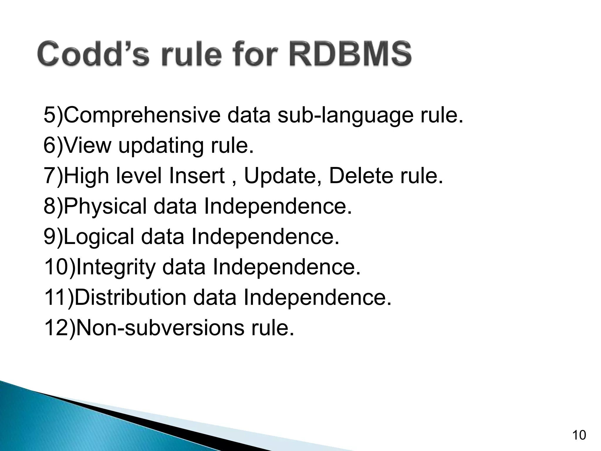 5)Comprehensive data sub-language rule.
6)View updating rule.
7)High level Insert , Update, Delete rule.
8)Physical data Independence.
9)Logical data Independence.
10)Integrity data Independence.
11)Distribution data Independence.
12)Non-subversions rule.
10
 