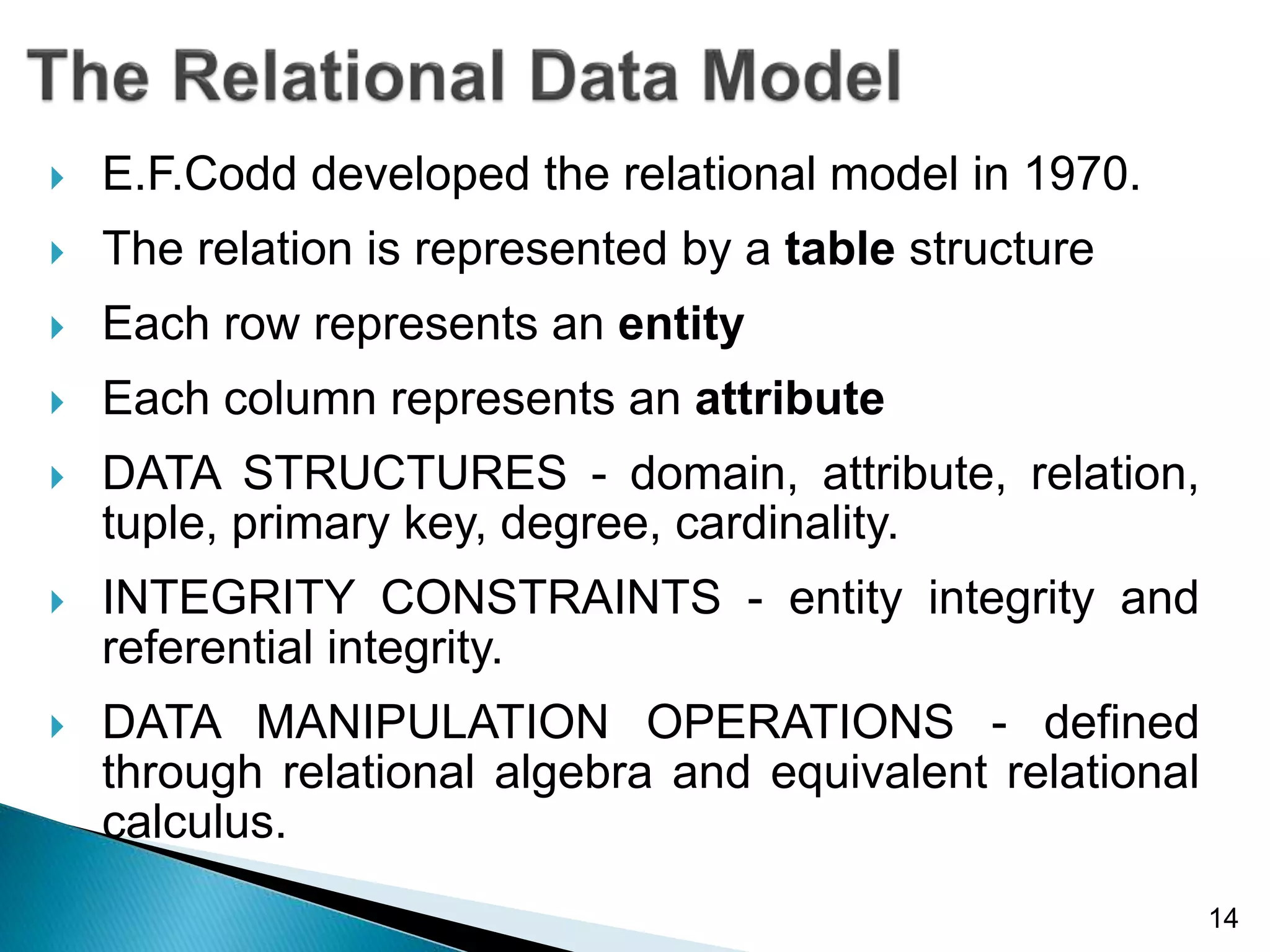  E.F.Codd developed the relational model in 1970.
 The relation is represented by a table structure
 Each row represents an entity
 Each column represents an attribute
 DATA STRUCTURES - domain, attribute, relation,
tuple, primary key, degree, cardinality.
 INTEGRITY CONSTRAINTS - entity integrity and
referential integrity.
 DATA MANIPULATION OPERATIONS - defined
through relational algebra and equivalent relational
calculus.
14
 