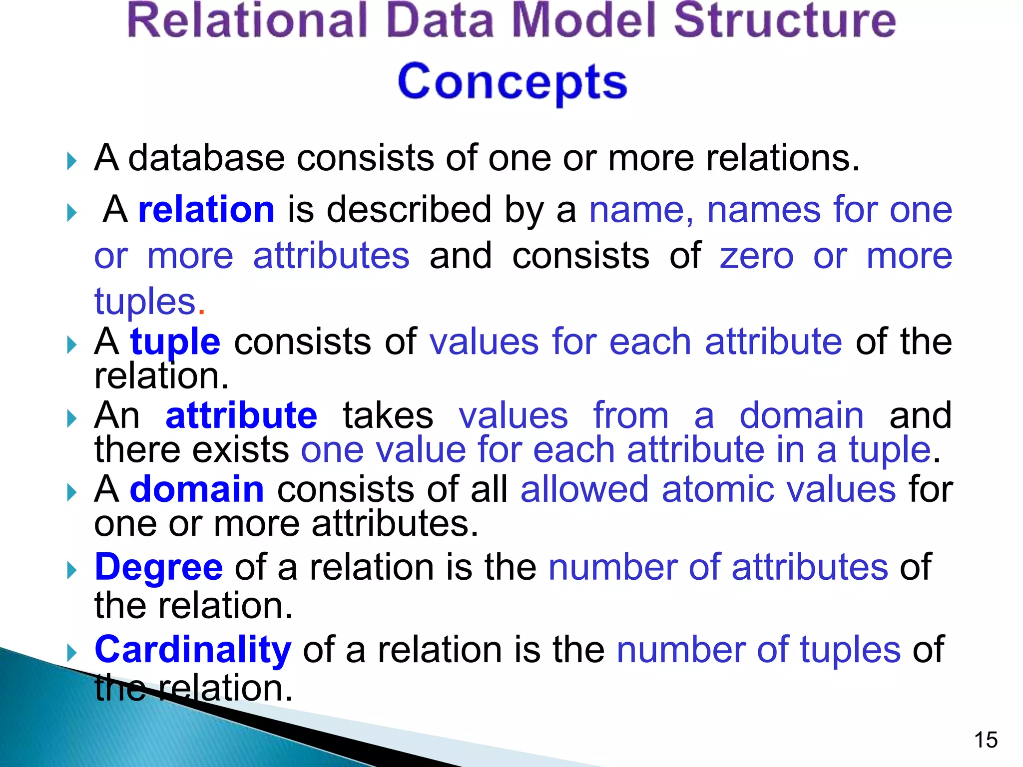  A database consists of one or more relations.
 A relation is described by a name, names for one
or more attributes and consists of zero or more
tuples.
 A tuple consists of values for each attribute of the
relation.
 An attribute takes values from a domain and
there exists one value for each attribute in a tuple.
 A domain consists of all allowed atomic values for
one or more attributes.
 Degree of a relation is the number of attributes of
the relation.
 Cardinality of a relation is the number of tuples of
the relation.
15
 