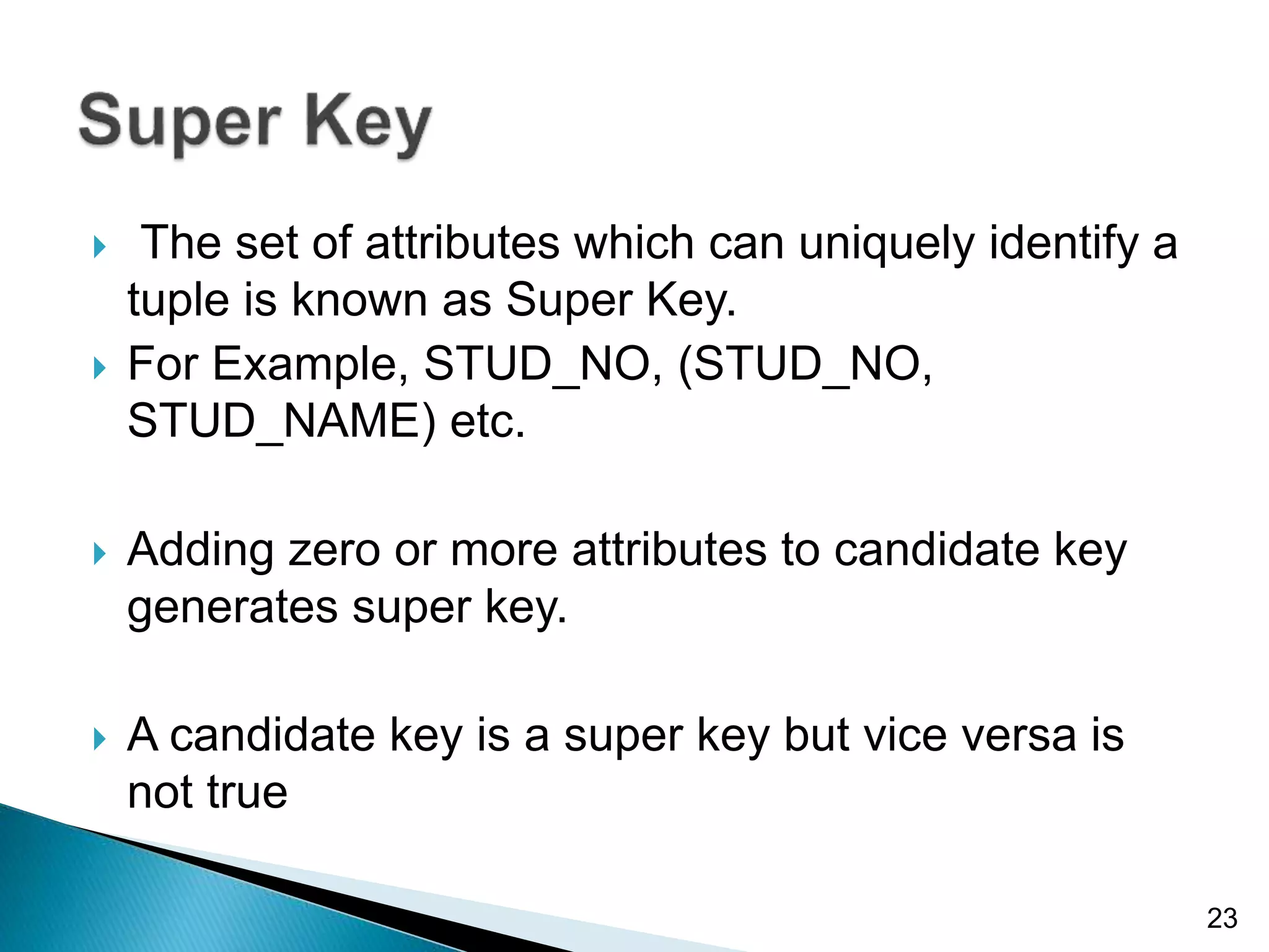  The set of attributes which can uniquely identify a
tuple is known as Super Key.
 For Example, STUD_NO, (STUD_NO,
STUD_NAME) etc.
 Adding zero or more attributes to candidate key
generates super key.
 A candidate key is a super key but vice versa is
not true
23
 
