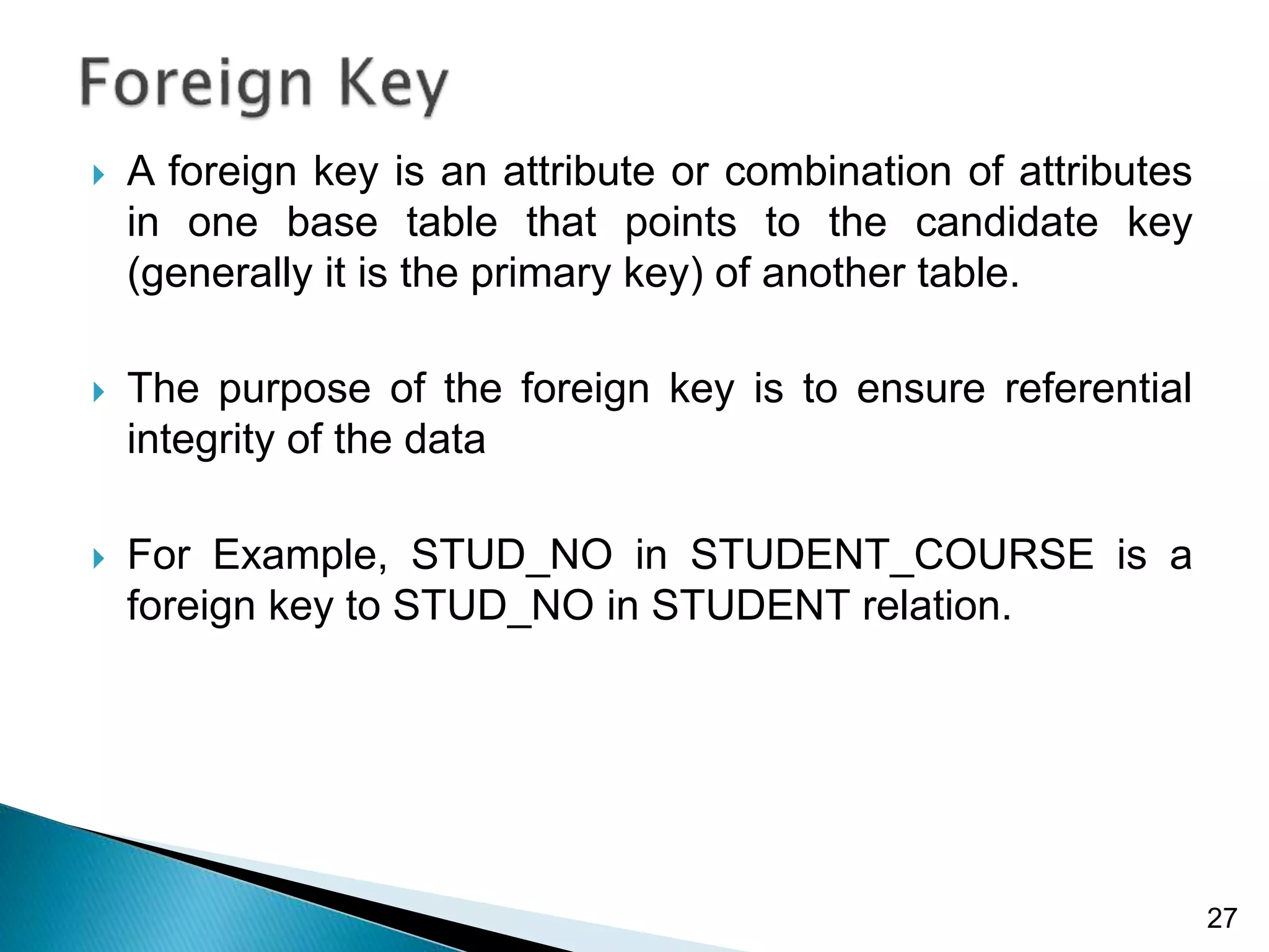  A foreign key is an attribute or combination of attributes
in one base table that points to the candidate key
(generally it is the primary key) of another table.
 The purpose of the foreign key is to ensure referential
integrity of the data
 For Example, STUD_NO in STUDENT_COURSE is a
foreign key to STUD_NO in STUDENT relation.
27
 