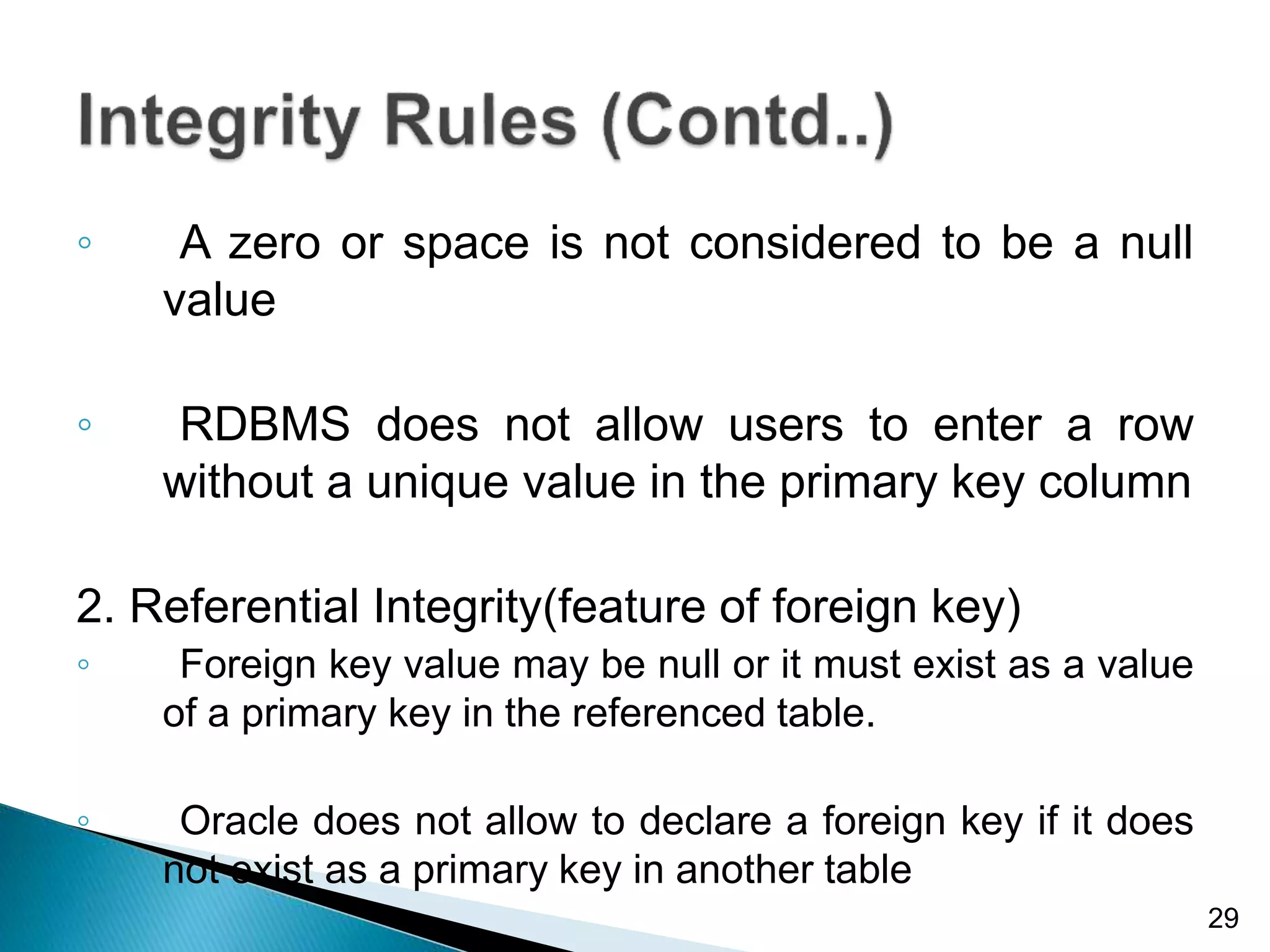 ◦ A zero or space is not considered to be a null
value
◦ RDBMS does not allow users to enter a row
without a unique value in the primary key column
2. Referential Integrity(feature of foreign key)
◦ Foreign key value may be null or it must exist as a value
of a primary key in the referenced table.
◦ Oracle does not allow to declare a foreign key if it does
not exist as a primary key in another table
29
 
