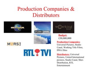 Production Companies & Distributors Production Companies:  Universal Pictures, Studio Canal, Working Title Films, DNA films Distributors:  Universal Pictures, United International pictures, Studio Canal, Mars Distribution, RTL Entertainment Budget:  £30,000,000                                                     