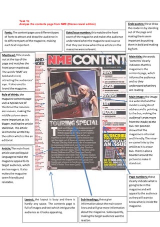 Task 1b 
Analyse the contents page from NME (Dizzee rascal edition) 
Fonts; The content page uses different types 
of fonts to attract and draw the audience in 
to different parts of the magazine, making 
each text important. 
Masthead; Title stands 
out at the top of the 
page and matches the 
front cover masthead. 
The words ‘NME’ are 
bold and in red, 
attracting the audiences’ 
eye. It also used to 
brand the magazine. 
Rule of thirds; the 
magazine contents page 
uses a typical rule of 
thirds but the columns 
are uneven, making the 
middle column seem 
more important as it is 
bigger, making the article 
stand out. The article 
seems to be written by 
the editor which is like an 
editorial. 
Layout; the layout is busy and there is 
hardly any space. The contents page is 
full of images and text which intrigues the 
audience as it looks appealing. 
Main title; the words 
‘contents’ clearly 
indicates that this 
magazine is the 
contents page, which 
informs the audience 
and so they 
understand what they 
are reading. 
Main Image; the image 
is a wide shot and the 
model is using direct 
address and is pointing 
to the bus, making the 
audience’s eyes move 
from the model to the 
bus. Her position 
shows that the 
magazine is informal 
and friendly. The mise-en 
scene links to the 
article as it is a tour 
bus. There is also a 
boarder around the 
picture to make it 
stand out. 
Page numbers; these 
clearly indicate what is 
going to be in the 
magazine and will 
appeal to the audience 
as they will want to 
know what is inside the 
magazine. 
Sub-headings; these give 
information about the main cover 
lines and will give more information 
about the magazine. Subsequently, 
making the target audience want to 
read on. 
Article; The main front 
article uses colloquial 
language to make the 
magazine appeal to its 
target audience, which 
are teenagers. It also 
makes the magazine 
seem friendly and 
relatable. 
Grab quotes; these draw 
the reader in by standing 
out of the page and 
making them seem 
important by putting 
them in bold and making 
big font. 
Date/issue number; this matches the front 
cover of the magazine and makes the audience 
understand when the magazine was issue so 
that they can know when these articles in the 
magazine were relevant. 
