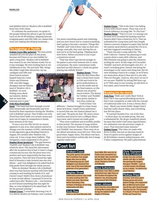 Graham Coxon: “This is the time I was falling
in love with French music. There was a lot of
French infuence on songs like ‘To The End’.”
Stephen Street: “‘This Is A Low’ is a strange one
because we’d recorded the backing track but
Damon didn’t have a fnal lyric for it. That sat
unfnished for a long time until Alex bought
Damon a present wrapped in paper that had all
the marine naval districts around the UK on it,
and that triggered something in Damon.
“There was also a song called the ‘The
Debt Collector’. Damon was planning to write
a poem about a nasty debt collector, and
Phil [Daniels] was going to play the character
reciting the story. At this stage we’d recorded
‘Parklife’ and were all thoroughly sick of it – it
wasn’t sounding great. Damon was doing the
monologue in the verses and doing fne, but we
were thinking it had to be a single, so we’d been
too meticulous about it then put it to one side.
Then we thought, ‘Hold on, why don’t we see if
we can save ‘Parklife’ by letting Phil have a go
at it?’ Phil came in one evening, we did three or
four takes, and it saved the song.”
Breaking into the charts
Andy Ross: “Balfe and I really liked ‘Girls &
Boys’ but it was a groundbreaking record in
that it was completely at odds with the concept
of traditional indie rock. It was a cheesy disco
tune – Black Lace meets Public Image! And it
had that really cheesy video, and everything
just fell into place.
“It reached Number Five, out of the blue
– in those days, for an indie group, that was
a substantial hit. We all got completely pissed
because they hadn’t had many opportunities
for celebration over the previous couple of
years. That exorcised many demons.”
Graham Coxon: “The video we made with
Kevin Godley was just us dancing round in
front of a green screen against images of
18-30 holidays: women riding bananas, wet
T-shirt competitions. We paid a phenomenal
You demo something quaint and charming,
and you don’t know you’ve created something
that’s going to become a monster. Things like
‘Parklife’ and ‘Girls & Boys’ take on their own
energy; sonically, they start driving the car
and you’re in the back going, ‘Flipping heck,
slow down.’ Before you know it you’ve got
a monstrous record.
“That was when I got decent enough on
the guitar to put some humour into it, some
contrariness. My sonic contrariness really
matched up with Damon’s. I think my guitar
playing was wilfully British.”
Stephen Street: “These
were the days when Blur
had to demo their tracks
to EMI and Food to be
given authorisation to
go in the studio and do
the fnal masters, so [the
album] was all pretty
much written. The demos
for ‘Jubilee’ and ‘Parklife’
were pretty similar to
how they ended up.
“‘Girls & Boys’ was
diferent – Damon brought in a basic home
demo he’d done. I hadn’t been authorised
to record that one, but Damon played me it
and I said, ‘We gotta do that.’ We used a drum
machine and turned it into a 120bpm disco-
type track, and it turned out really great.
“They were confdent and incredibly prolifc
in that period. The amount of songs written
in that year between ‘Modern Life Is Rubbish’
and ‘Parklife’ was immense. There were 16 on
the album and plenty more left over. They were
good times, happy times. The album was here,
there and everywhere stylistically, but it hangs
together really well.”
had dabbled with on ‘Modern Life Is Rubbish’
burst into vivid colour.
To celebrate the anniversary, we spoke to
the people behind the album to get the inside
track on the 18-30 holidays, shipping forecast
wrapping paper and Ally Pally car crashes that
went into making this Britpop landmark…
The beginnings of ‘Parklife’
Graham Coxon (Blur guitarist): “We were pretty
smashed all over the place at this point,
because we’d been in our own bubble for
quite a long time. ‘Modern Life Is Rubbish’
was created in our own fantasy world. For us
it was nostalgia. We were looking back to our
childhoods in the ’70s and early ’80s, things
like [Mike Leigh flm] Meantime; zip-up
cardigans and DMs and
three-button jackets;
foppish haircuts; Great
Danes and Primrose
Hill. And after baggy,
shoegaze and our fantasy
land of ‘Modern Life Is
Rubbish’, we were
fnding more about
our identity. Before
that we were kids
learning how to play.”
Andy Ross (Food label
boss): “The band had been through a torrid
time emotionally and fnancially and were
bruised by their experience during the ‘Modern
Life Is Rubbish’ period. They’d fallen out with
[Food boss Dave] Balfe over artistic issues and
were out of vogue in comparison to Suede,
their nemesis at the time.
“It was a very low ebb, but for no reason
apparent to any of us, that opinion started to
change over the summer of 1993, culminating
in this legendary gig at Reading Festival in
August, fve months after ‘Modern Life…’
came out. It was a huge show, ballistic. That
instigated a mass reappraisal in the press.”
Stephen Street (producer): “The gap between
‘Parklife’ and ‘Modern Life Is Rubbish’ was
relatively short. The band felt rejuvenated
after the reception they’d had. It wasn’t a huge
commercial success, but the press were very
positive and more importantly the fans were
very positive. They felt they’d found the right
kind of formula to take forward onto the next
album – and I was delighted to be asked back to
help guide them through the whole process.
“After we fnished ‘Modern Life Is Rubbish’
there was that famous meeting with Dave Balfe
coming in and washing his hands of it, and
I know I wasn’t Balfe’s frst choice of producer
to work on that album. I assumed I’d never be
called back after ‘Modern Life…’, but between
us we’d found something that was right for
Blur, so I was delighted to be asked back. We
hit the ground running.”
Graham Coxon: “I remember demoing a lot of
it in Matrix Studios [in Fulham, west London].
New Musical express | 12 april 2014
54
Parklife
Cast list
Blur bagged four
trophies at the
1995 Brit Awards
Graham Coxon
The guitar genius who guided
Blur’s evolution from jangly
baggy also-rans to spiky,
all-conquering pop act. Noel
Gallagher once declared him
to be “one of the most talented
guitarists of his generation”.
Stephen Street
Celebrated producer who made
his name working with The
Smiths and, later, Morrissey,
before becoming a key
architect of Britpop via his long
relationship with Blur.
andy ross
Andy co-ran Food Records with
Dave Balfe. Blur were by far
Food’s most successful act,
but the label  also scored hits
during the ’90s with Jesus
Jones, Shampoo, Dubstar
and Idlewild.
Steve Sutherland
NME Editor from 1992 to 2000,
Sutherland was right there on
the frontline throughout the
meteoric rise, dizzying peak
and eventual fall of Britpop.
karen Johnson
Karen had the unenviable task
of being Blur’s press oficer
during the tabloid-fuelled
heights of Britpop.
Chris Thompson
& rob O’Connor
Design duo who worked
closely with Blur to fashion
the sporting-life imagery
that gave ‘Parklife’ – and, to
a certain extent, the Britpop
era as a whole – its distinctive
visual identity.
Mathew Priest
Drummer with three-piece
Britpop group and scene
players Dodgy, who supported
Blur at Mile End and scored
Top 20 hits with ‘Good Enough’,
‘Staying Out For The Summer’,
‘In A Room’, ‘If You’re Thinking
Of Me’ and ‘Found You’.
 