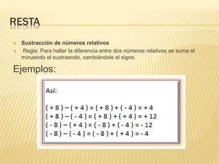 RESTA
 Sustracción de números relativos
 Regla: Para hallar la diferencia entre dos números relativos se suma el
minuendo el sustraendo, cambiándole el signo.
Ejemplos:
 