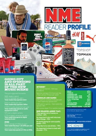 READER PROFILE




GOING OUT
AND SPENDING
IS ALL PART
OF THE NEW                                 INTERNET
                                           94% use the Internet – 76% have
MUSIC SCENE                                Broadband                                      MALE                    69%
They go to gigs and live events            Spend an average of 2.4 hours per day          FEMALE                  31%
                                           –That’s almost 19 hours per week!              AVERAGE AGE               24
NME readers spend                                                                         WORKING FULL TIME       52%
£152 on footwear per year –                CONSOLES AND GAMES                             WORKING PART TIME        7%
Total readership spends £46m               £197 spent on consoles in the past year        STILL STUDYING          29%
                                           – Total readership spends £45m                 ABC1                    65%
£532 on clothes per year –                                                                CIRCULATION:          40,948
Total readership spends £189m              £108 spent on games – Total readership         READERSHIP:          369,000
                                           spends £18m
£1229 on audio equipment per year -                                                       ABCe UNIQUE USERS: 4,454,983
Total readership spend on audio            84% receive digital TV or satellite channels
                                                                                          For all advertising enquiries in NME
equipment £326m
                                           NME READERS AGREE THAT:                        or on nme.com, please contact:
52% own a digital camera                   They spemd a lot of money on
                                           clothes – 45%                                  Neil McSteen, Ad Manager
£170 on digital cameras per year –                                                        020 3148 6707
Total readership spend on digital          Its important to be well informed              neil_mcsteen@ipcmedia.com
cameras £4.6m                              about things – 92%
DVDS                                       Its worth paying for extra quality             www.nme.com             www.ipcmedia.com/ignite

Buy an average of 5 DVDs per year –        goods – 71%
Total readership buys 1.3m DVDs per year   They like to try new drinks – 75%
Spend £66 on DVDs per year -               Its important to them to look well             Sources: TGI Jul 07-Jun 08/NRS Jul-Dec 08/ABC Jan-Jun 09/
Total readership spends of £18m on DVDs    dressed – 71%                                  NME Reader research 06/ABCe Jan-Jun 09 - nme.com
 