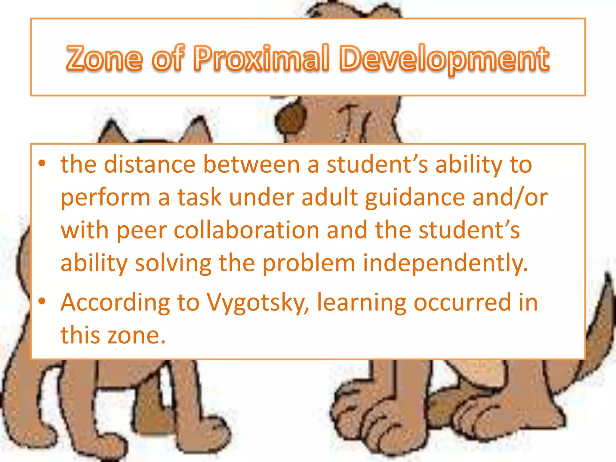 • the distance between a student’s ability to
perform a task under adult guidance and/or
with peer collaboration and the student’s
ability solving the problem independently.
• According to Vygotsky, learning occurred in
this zone.
 