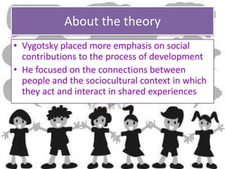 About the theory
• Vygotsky placed more emphasis on social
contributions to the process of development
• He focused on the connections between
people and the sociocultural context in which
they act and interact in shared experiences
 