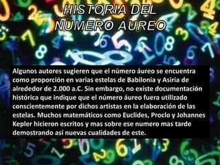 Algunos autores sugieren que el número áureo se encuentra
como proporción en varias estelas de Babilonia y Asiria de
alrededor de 2.000 a.C. Sin embargo, no existe documentación
histórica que indique que el número áureo fuera utilizado
conscientemente por dichos artistas en la elaboración de las
estelas. Muchos matemáticos como Euclides, Proclo y Johannes
Kepler hicieron escritos y mas sobre ese numero mas tarde
demostrando así nuevas cualidades de este.
 