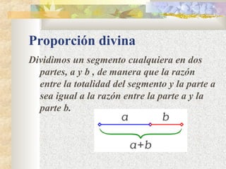 Proporción divina 
Dividimos un segmento cualquiera en dos 
partes, a y b , de manera que la razón 
entre la totalidad del segmento y la parte a 
sea igual a la razón entre la parte a y la 
parte b. 
 
