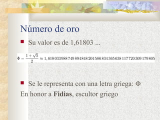 Número de oro 
 Su valor es de 1,61803 ... 
 Se le representa con una letra griega: Φ 
En honor a Fidias, escultor griego 
 