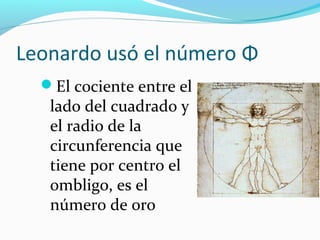 Leonardo usó el número Φ
  Εl cociente entre el
   lado del cuadrado y
   el radio de la
   circunferencia que
   tiene por centro el
   ombligo, es el
   número de oro
 