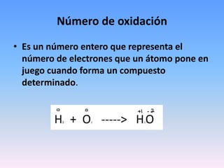 Número de oxidación
• Es un número entero que representa el
  número de electrones que un átomo pone en
  juego cuando forma un compuesto
  determinado.
 