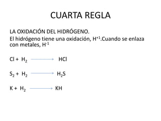 CUARTA REGLA
LA OXIDACIÓN DEL HIDRÓGENO.
El hidrógeno tiene una oxidación, H+1.Cuando se enlaza
con metales, H-1
Cl + H2 HCl
S2 + H2 H2S
K + H2 KH
 