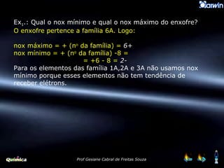 Ex 1 .: Qual o nox mínimo e qual o nox máximo do enxofre? O enxofre pertence a família 6A. Logo: nox máximo = + (n o  da família) =  6+ nox mínimo = + (n o  da família) -8 =    = +6 - 8 =  2- Para os elementos das família 1A,2A e 3A não usamos nox mínimo porque esses elementos não tem tendência de receber elétrons. 
