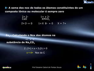 8-  A soma dos nox de todos os átomos constituintes de um composto iônico ou molecular é sempre zero CaO  KMnO 4  2+ 2- 2- 2+ = 0 1+ x 2- 1+ X 8- = 0 X = 7+ Ex 2 .: Calculando o Nox dos átomos na   +1   x   -2 substância de Na 2 CO 3 2 .(1+) + x + 3.(2-) = 0 x = 4+   Nox do C 