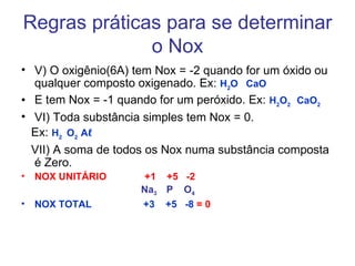 Regras práticas para se determinar o Nox V) O oxigênio(6A) tem Nox = -2 quando for um óxido ou qualquer composto oxigenado. Ex:  H 2 O   CaO   E tem Nox = -1 quando for um peróxido. Ex:  H 2 O 2   CaO 2   VI) Toda substância simples tem Nox = 0. Ex:  H 2   O 2  A ℓ VII) A soma de todos os Nox numa substância composta é Zero. NOX UNITÁRIO  +1  +5  -2 Na 3  P  O 4 NOX TOTAL  +3  +5  -8  = 0   