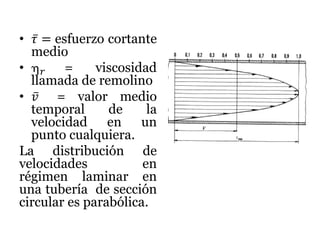 • 𝜏 = esfuerzo cortante
medio
•  𝑟 = viscosidad
llamada de remolino
• 𝑣 = valor medio
temporal de la
velocidad en un
punto cualquiera.
La distribución de
velocidades en
régimen laminar en
una tubería de sección
circular es parabólica.
 