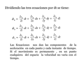 Dividiendo las tres ecuaciones por dt se tiene:
Las Ecuaciones nos dan las componentes de la
aceleración en cada punto y cada instante de tiempo.
Si el movimiento es permanente , en un punto
cualquiera del espacio la velocidad no varía con el
tiempo.
 