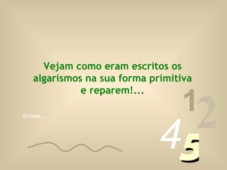 013456… 1 2 4 5 Vejam como eram escritos os algarismos na sua forma primitiva e reparem!... 