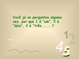 013456… 1 2 4 5 Você já se perguntou alguma vez, por que 1 é “um”, 2 é “dois”, 3 é “três.......?