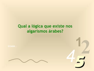 Qual a lógica que existe nos
              algarismos árabes?


                                         1
013456…




                                  452
 