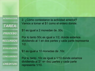 2. ¿Cómo contestaron la actividad anterior?  Vamos a tomar el $1 como el entero donde: $1 es igual a 2 monedas de .50c Por lo tanto 50c es igual a 1/2, donde estamos dividiendo al 1 en dos partes y cada parte representa 1/2.  $1 es igual a 10 monedas de .10c Por lo tanto .10c es igual a 1/10 donde estamos dividiendo al $1 en diez partes y cada parte representa 1/10.    INTRODUCCIÓN TAREA PROCESO RECURSOS EVALUACIÓN CONCLUSIONES CRÉDITOS 