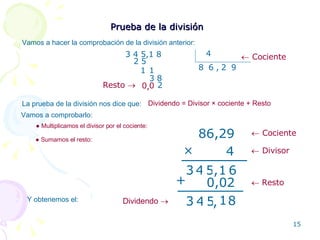 Prueba de la división   Vamos a hacer la comprobación de la división anterior: Dividendo = Divisor  ×  cociente + Resto 86...