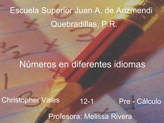 Escuela Superior Juan A. de Arizmendi Quebradillas, P.R. Números en diferentes idiomas Christopher Vales 12-1 Pre - Cálculo Profesora : Melissa Rivera 