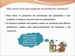 Para fazer os projectos de construção das pirâmides e dos templos, o número concreto não era nada prático. O número também não ajudava muito na resolução dos difíceis problemas criados pelo desenvolvimento da indústria e do comércio. Mas como será que surgiram os primeiros números? Como efectuar cálculos rápidos e precisos com  pedras, nós  ou riscos num osso? 
