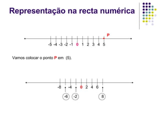 Representação na recta numérica 0 1 -1 2 -2 3 -3 4 -4 5 -5 Vamos colocar o ponto  P  em  (5). • P 0 2 4 6 -4 -8 -6 -2 8 